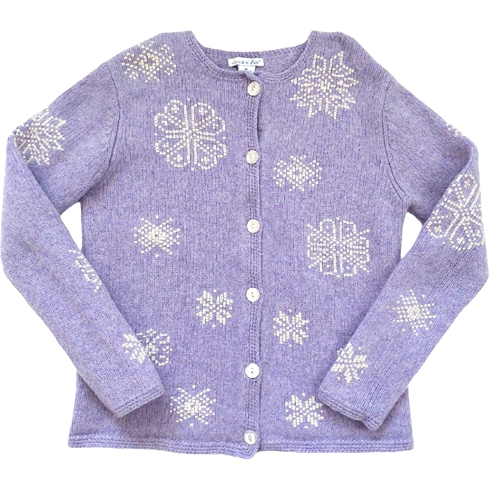 Vintage Wool Eagle's Eye Sweater Made in UK Purple Snowflake Knit Button Front M